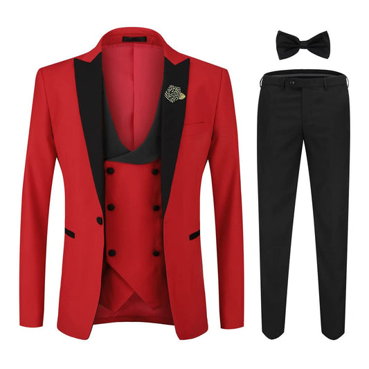 YFFUSHI Men's 3 Piece Suit Slim Fit One Button Prom Suits Set Blazer Vest Trousers Red Medium
