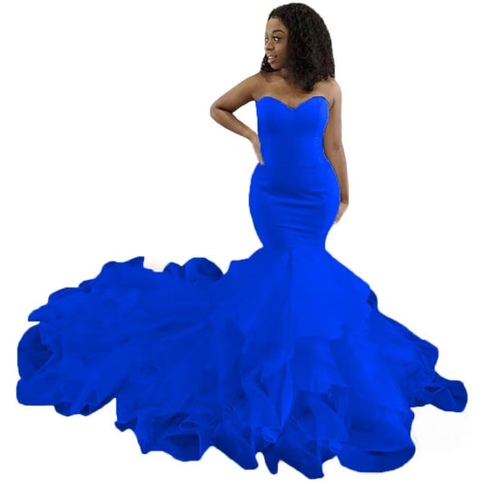XYAYE Mermaid Royal Blue Wedding Dresses for Bride 2024 Sweetheart Strapless Satin Wedding Gowns with Ruffle Organza for Women 14