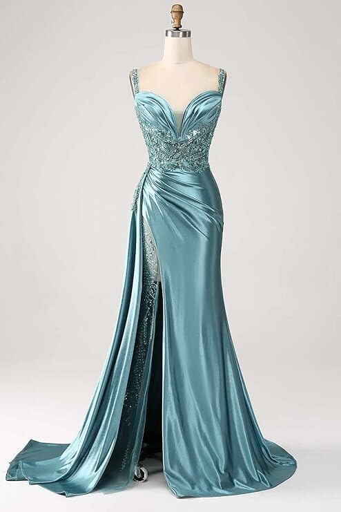 V Neck Satin Prom Dress 2026 Long Mermaid Lace Evening Gown with Slit Pleated Bodycon Formal Dress with Tail Baby Blue