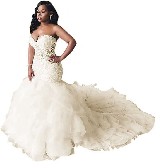 Bridal Gown Ivory Tulle Lace for Bride Long Mermaid Plus Size Wedding Dress Sweetheart Ruched Size 16W