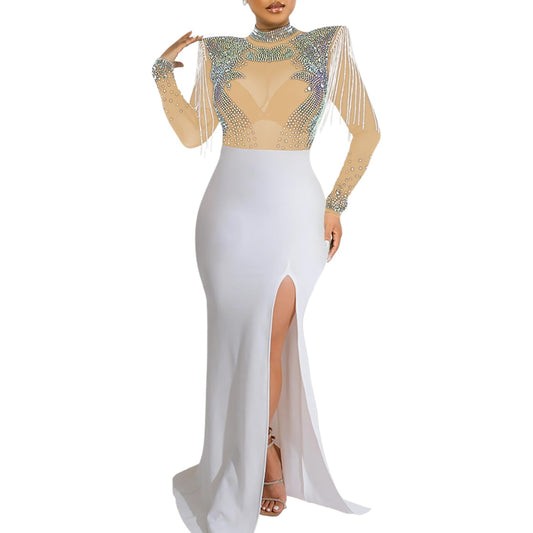 Women's Sexy Rhinestone Dress Thigh-high Slit Bodycon Maxi Long Dress Club Party Dress（548-apricot-M）