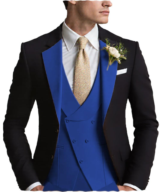 Jiutian Lanyue Formal Men's Suits Slim Fit 3 Piece Business Jacket Tuxedos Blazer+Vest+Trousers Wedding Grooms(Royal Blue,42R)