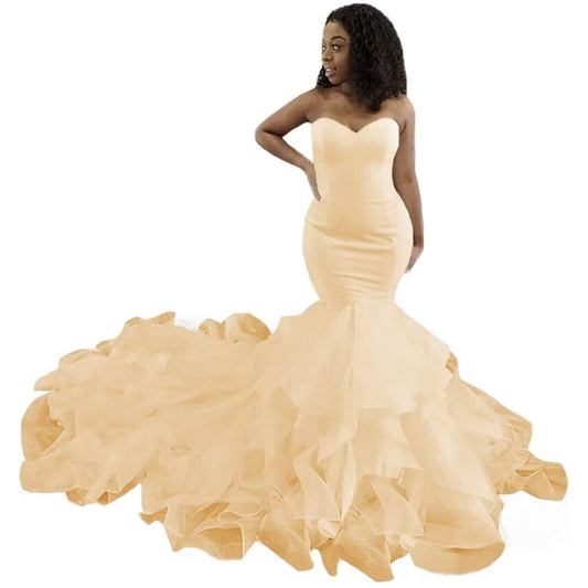 XYAYE Mermaid Champagne Wedding Dresses for Bride 2024 Sweetheart Strapless Satin Wedding Gowns with Ruffle Organza for Women 14