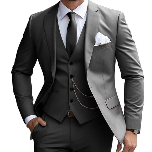 Mens 3 Pieces Classic Suit Wedding Blazer Grooms Jackets Vests Pants Suits Dark Gray XXL