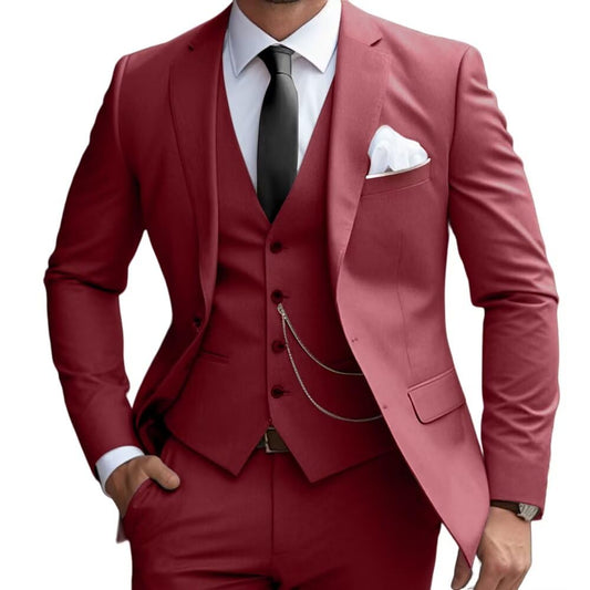 Mens 3 Pieces Classic Suit Wedding Blazer Grooms Jackets Vests Pants Suits Red