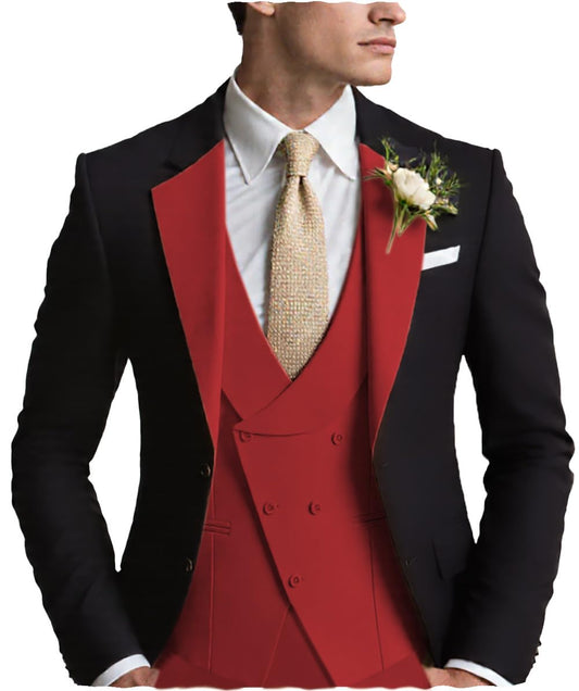 Jiutian Lanyue Formal Men's Suits Slim Fit 3 Piece Business Jacket Tuxedos Blazer+Vest+Trousers Wedding Grooms(Red,40R)