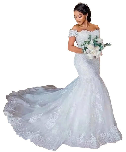 Fanciest White Mermaid Wedding Dress for Bride Cap Sleeve Lace Bridal Gowns Vintage Wedding Gowns Birdal Dress US16