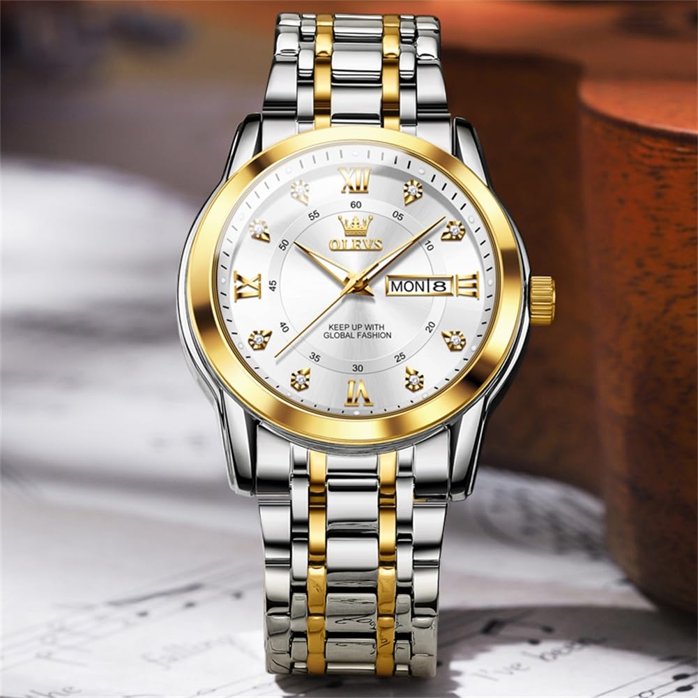 OLEVS Silver Watch for Men Simple Business Dress Analog Quartz Stainless Steel Waterproof Luminous Date Diamond Men Watch