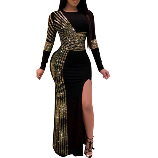 Women Long Sleeve Birthday Dresses Sexy hot Diamond Process Sexy Dress Party Club Night Dress (Golden 8, S)