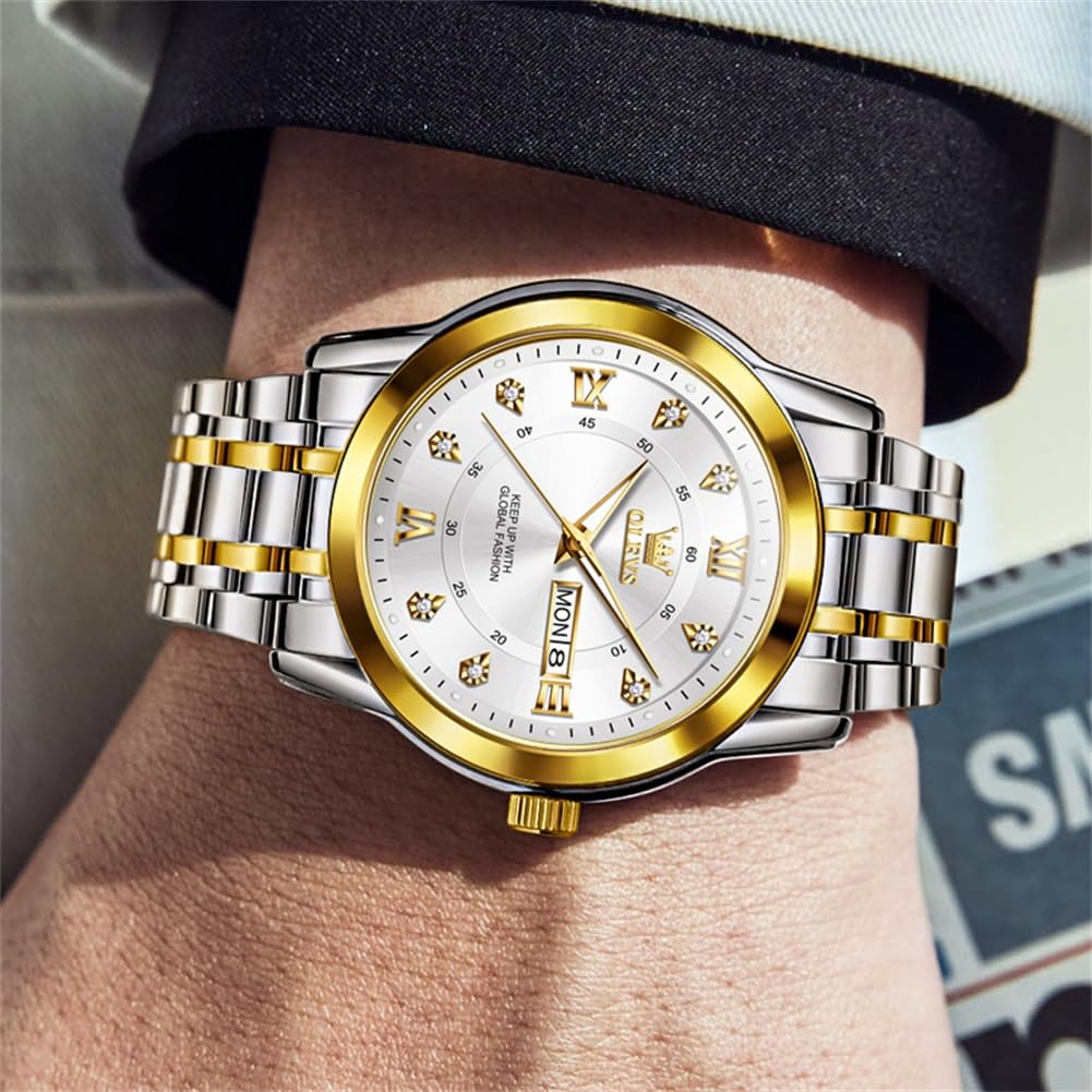 OLEVS Silver Watch for Men Simple Business Dress Analog Quartz Stainless Steel Waterproof Luminous Date Diamond Men Watch