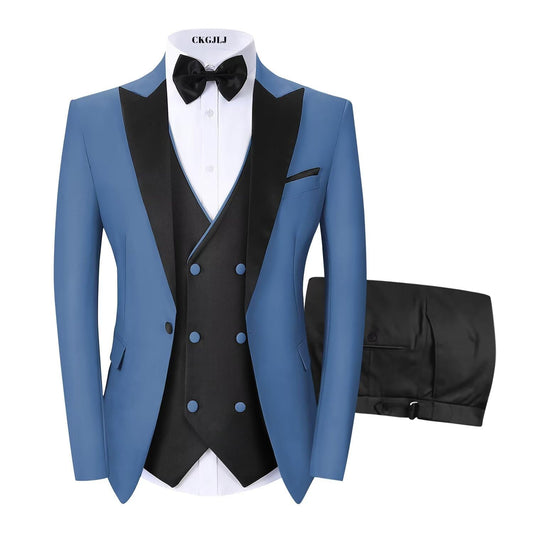 CKGJLJ Dusty Blue and Black Mens Suits 3 Pieces Slim Fit Double Breasted Men's Tuxedos Sets Peak Lapel Suits for Wedding Groom Suit Dusty Blue Tuxedo for Men Three Piece Classic Fit Wedding Suit M