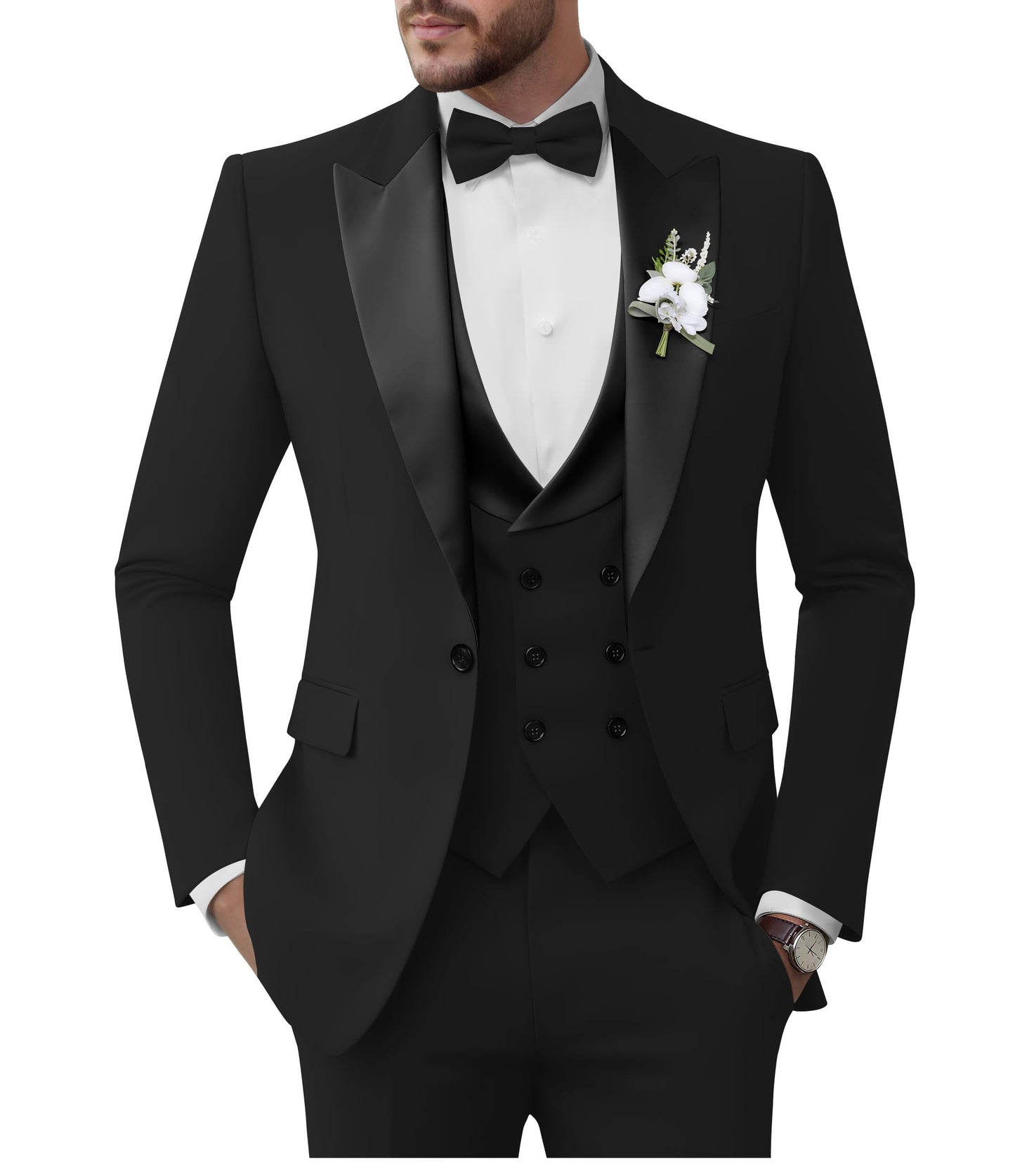 TIJOFA Tuxedo Suit for Men 3 Piece Black Double Breasted Suits Slim Fit for Wedding Party Tuxedo for Men Formal Prom Dinner One Button Blazer Vest Pants Set M
