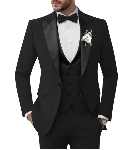 TIJOFA Tuxedo Suit for Men 3 Piece Black Double Breasted Suits Slim Fit for Wedding Party Tuxedo for Men Formal Prom Dinner One Button Blazer Vest Pants Set M