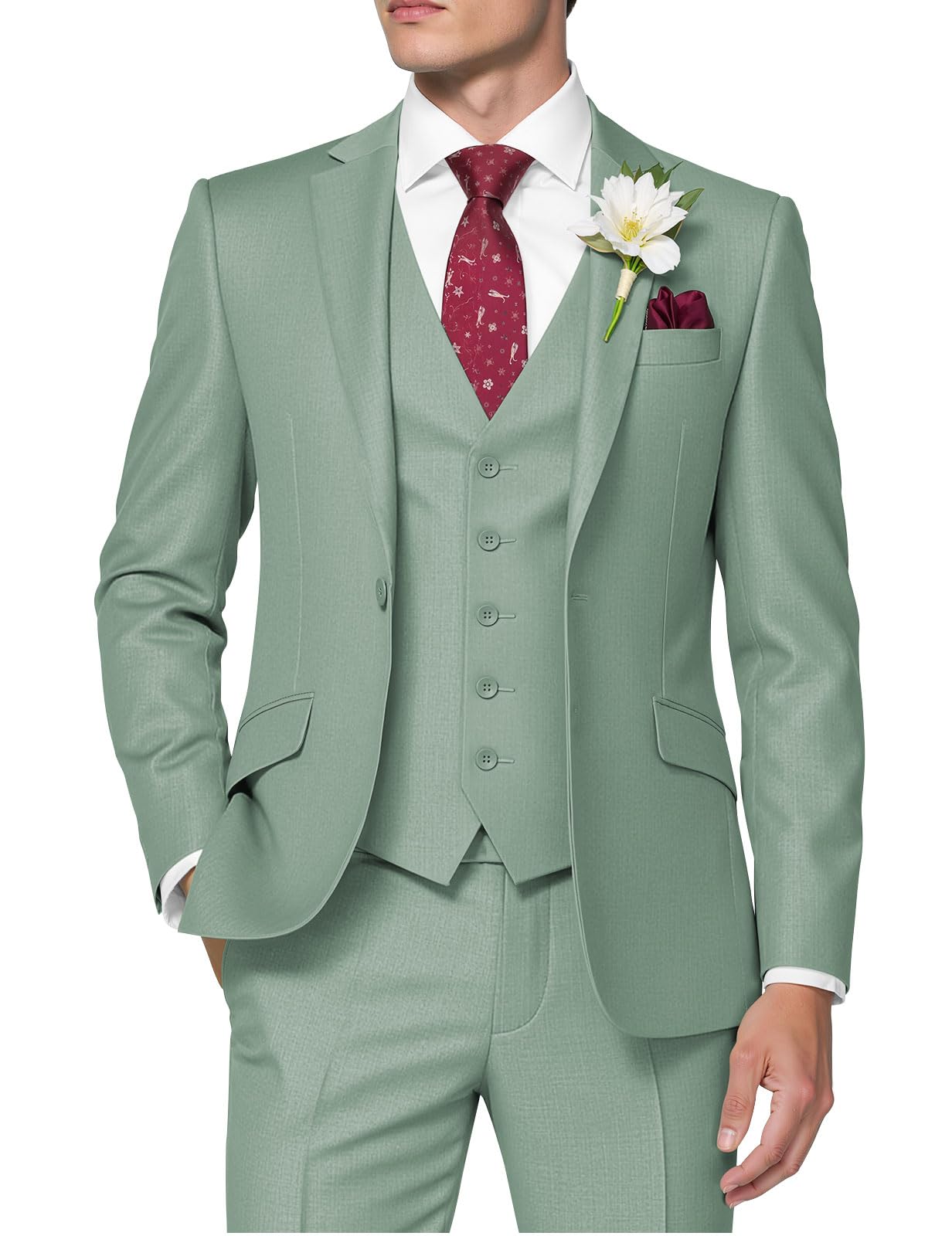 HUUTOE Sage Green Suit Men Oliver Green Suit Men Wedding 3 Piece Regular Suits Sage Modern Fit Guest Father Wedding Suits for Man Slim Fit XL
