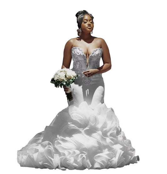 Cathedral Train Wedding Dresses Sweetheart Mermaid Satin Bridal Dress for Wedding with Luxury Rhinestone Applique White