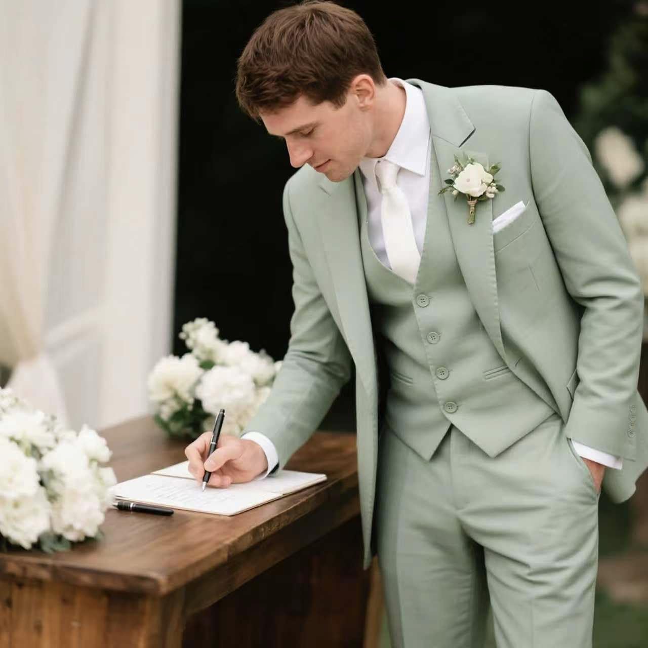 HUUTOE Sage Green Suit Men Oliver Green Suit Men Wedding 3 Piece Regular Suits Sage Modern Fit Guest Father Wedding Suits for Man Slim Fit XL
