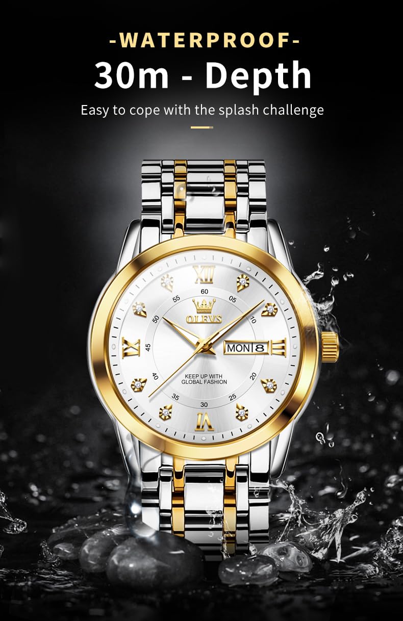 OLEVS Silver Watch for Men Simple Business Dress Analog Quartz Stainless Steel Waterproof Luminous Date Diamond Men Watch