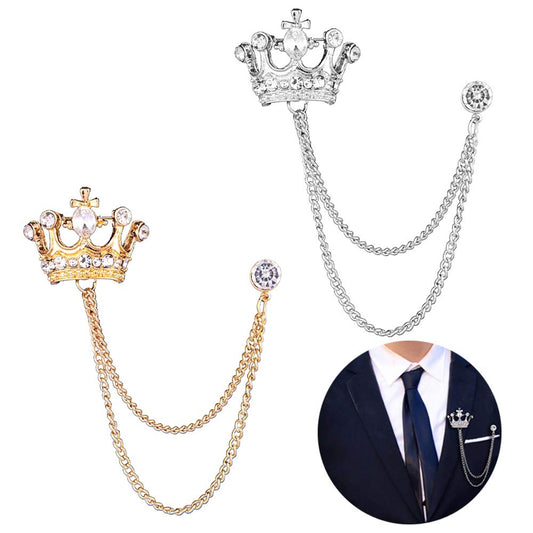 2PCS Men's Crown Hanging Chain Brooch with Stone Detailing, Engraving, Metal Crystal, Suit Stud Lapel Pin, Vintage Rhinestone Breastpin Wedding Brooch Pin, Gold and Silver