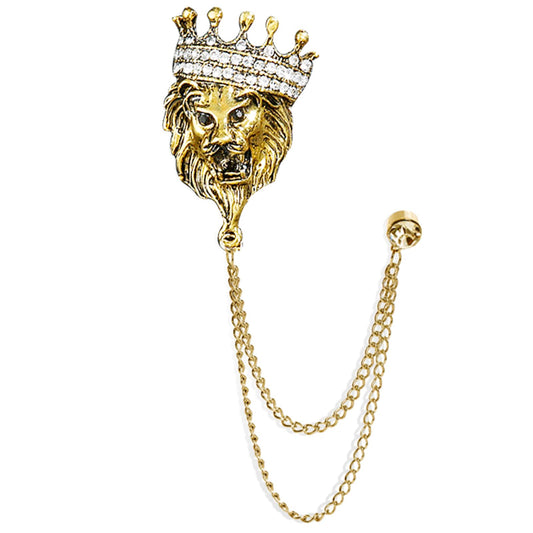 Vintage Animal Tassel Chain Pin Brooch for Men Women, Punk Buck Suit Tie Lapel Decor, Deer Ram Owl Rhinestone Collar Chain for Boyfriend Gifts (Crown Lion Gold)
