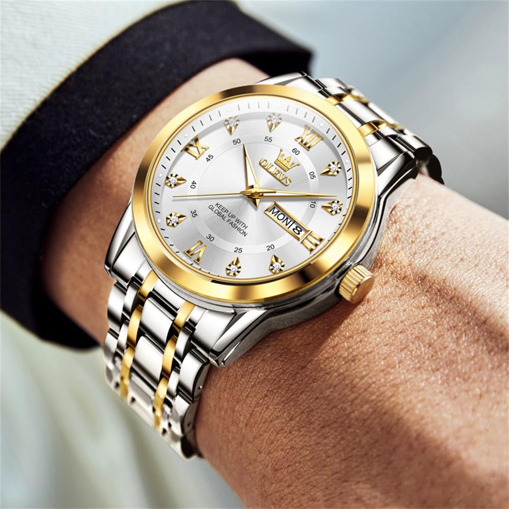 OLEVS Silver Watch for Men Simple Business Dress Analog Quartz Stainless Steel Waterproof Luminous Date Diamond Men Watch