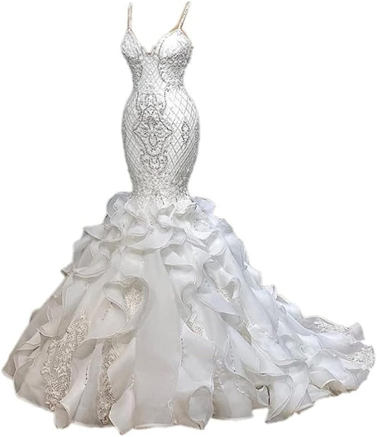 ZHUNASHOW White Lace Organza Mermaid Women's Spaghetti Straps Wedding Dress Long Train Sleeveless Bridal Gown