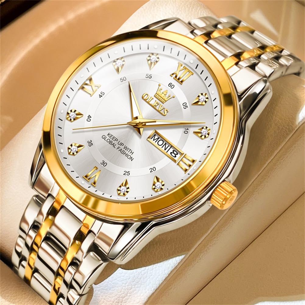 OLEVS Silver Watch for Men Simple Business Dress Analog Quartz Stainless Steel Waterproof Luminous Date Diamond Men Watch