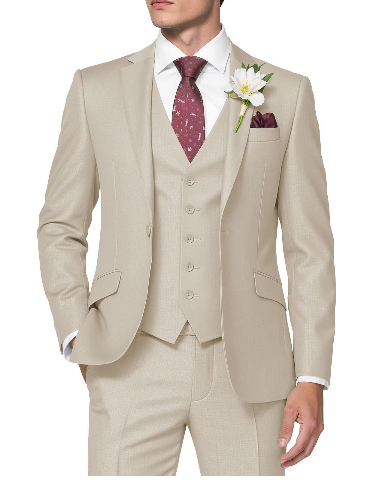HUUTOE Beige Tuxedo for Men Tan Mens 3 Piece Suit Beige Tux Prom Suits for Men Regular Fit Wedding Summer Cream Tux Suit Set with Vest - Ternos de Vestir para Hombres XL Pants