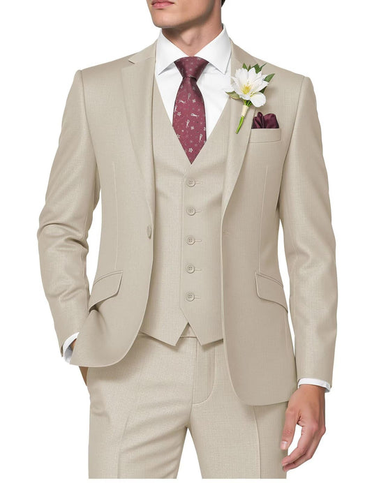 HUUTOE Beige Tuxedo for Men Tan Mens 3 Piece Suit Beige Tux Prom Suits for Men Regular Fit Wedding Summer Cream Tux Suit Set with Vest - Ternos de Vestir para Hombres XL Pants