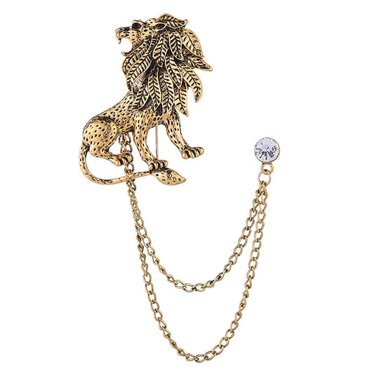 Vintage Animal Tassel Chain Brooch for Men Women, Punk Buck Suit Tie Lapel Pin, Deer Ram Owl Rhinestone Collar Chain Pin for Boyfriend Gifts (Lion Gold)