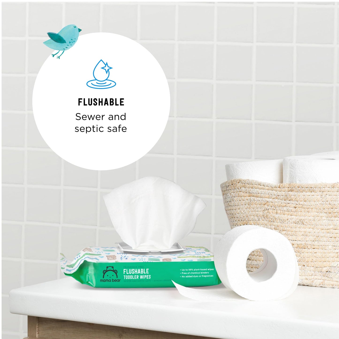 Amazon Brand - Mama Bear Toddler Toilet Wipes, Fragrance Free, Plant-Based Hypoallergenic, 336 Count, 8 Packs of 42