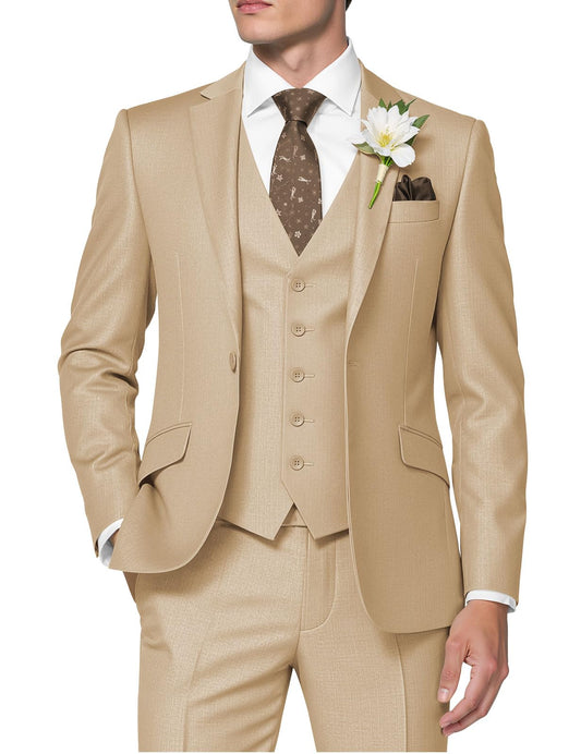 HUUTOE Men Champagne Suits for Men Mens Christmas Gold Suit for Regular Fit Business Wedding Suit 3 Piece Suits XL