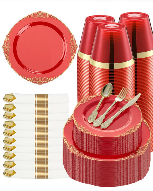 Goodluck 350 Piece Red Dinnerware Set for 50 Guests, Fancy Disposable Plates, Include: 100 Red Rim Plastic Plates, 150 Silverwares, 50 Pre Rolled Napkins, 50 Cups for Party, Wedding