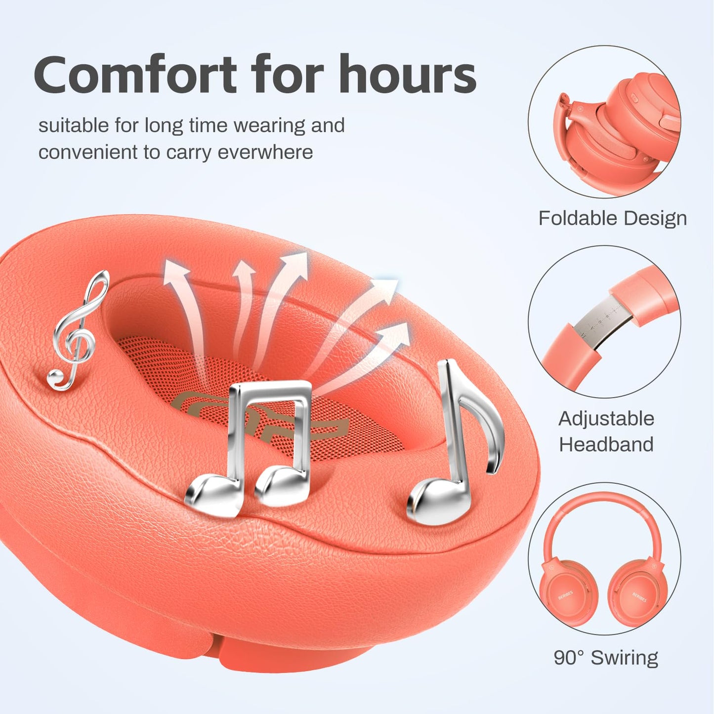 BERIBES Bluetooth Headphones Over Ear, 65H Playtime and 6 EQ Music Modes Wireless with Microphone, HiFi Stereo Foldable Lightweight Headset (Orange red)