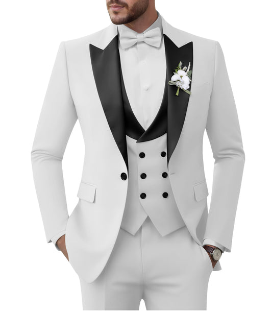 TIJOFA Tuxedo Suits Men 3 Piece Slim Fit Double Breasted Suits for Men White Tux Elegant Wedding Prom Party Business Tuxedo L