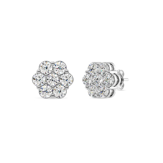 Gilded 2 Carat Total Weight Lab-Grown Diamond Stud Earrings for Women | 925 Sterling Silver | 7-Stone Flower Shaped | Hypoallergenic Fine Jewelry | Prong Setting, Push Back Nut | SI1 Clarity, F Color