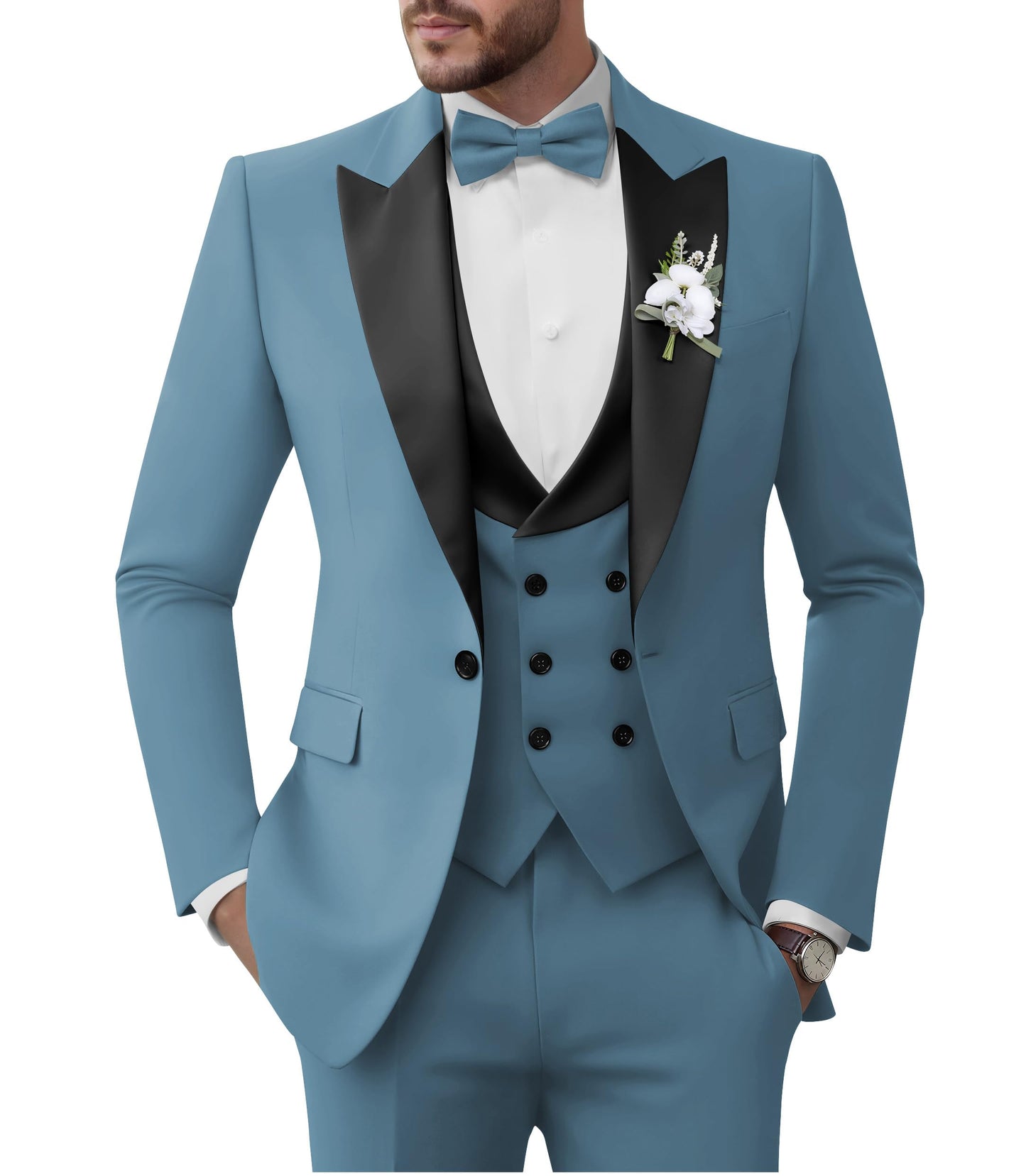 TIJOFA Tuxedo Suits Men 3 Piece Slim Fit Double Breasted Suits for Men Dusty Blue Tux Elegant Wedding Prom Party Business Tuxedo L