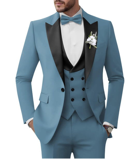 TIJOFA Tuxedo Suits Men 3 Piece Slim Fit Double Breasted Suits for Men Dusty Blue Tux Elegant Wedding Prom Party Business Tuxedo L