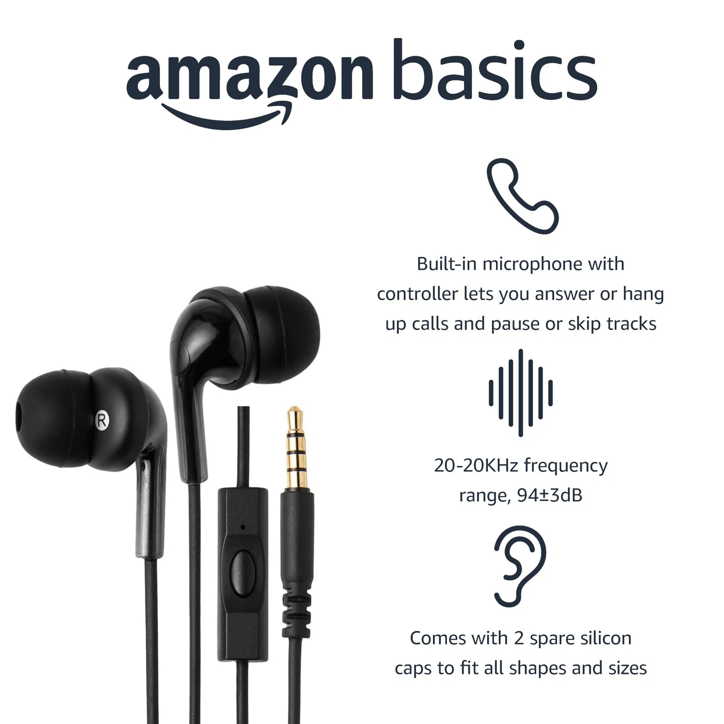 Amazon Basics Wired Earbuds with Microphone, In Ear Headphones, 3.5mm Jack, 4.2 ft long cable, S/M/L Ear Tips, Black