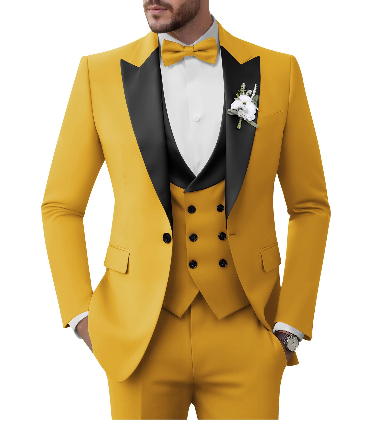 TIJOFA Tuxedo Suits Men 3 Piece Slim Fit Double Breasted Suits for Men Mustard Yellow Tux Elegant Wedding Prom Party Business Tuxedo L