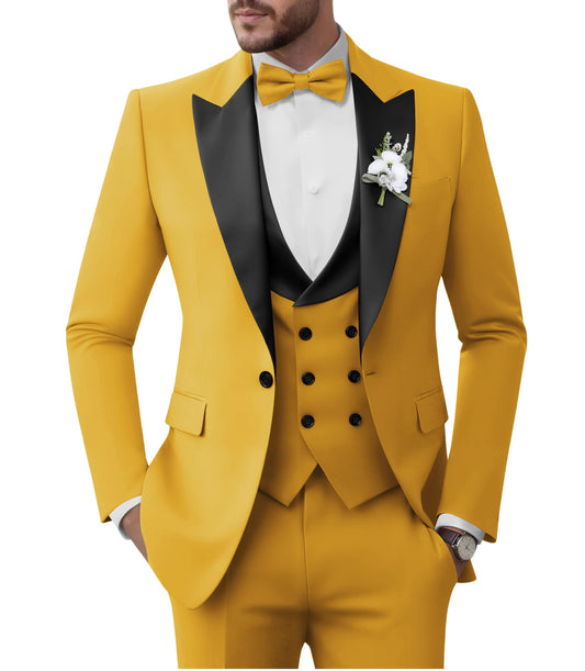 TIJOFA Tuxedo Suits Men 3 Piece Slim Fit Double Breasted Suits for Men Mustard Yellow Tux Elegant Wedding Prom Party Business Tuxedo L