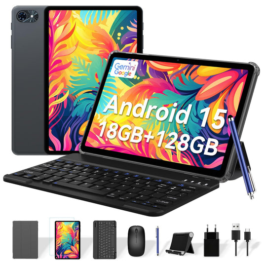 Tablets, Android 15 Tablet 10 Inch T80, 2025 New Electronics Tablets with Keyboard 18GB+128GB/2TB, 10 Inch Tablet with Pen, 6000mAh, 1080P, 5G WiFi, Bluetooth5.0, GPS, OTG, 2 Speaker