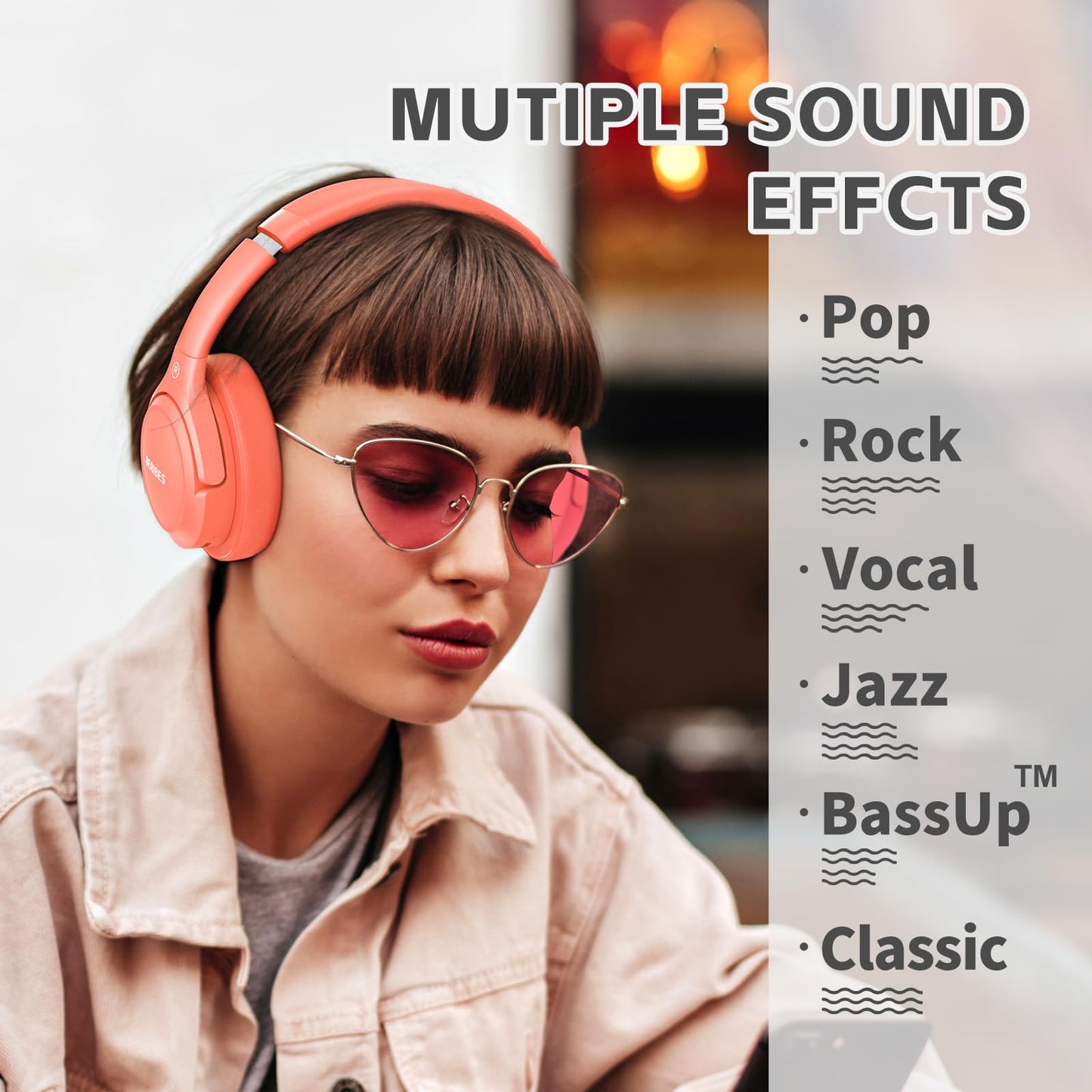 BERIBES Bluetooth Headphones Over Ear, 65H Playtime and 6 EQ Music Modes Wireless with Microphone, HiFi Stereo Foldable Lightweight Headset (Orange red)