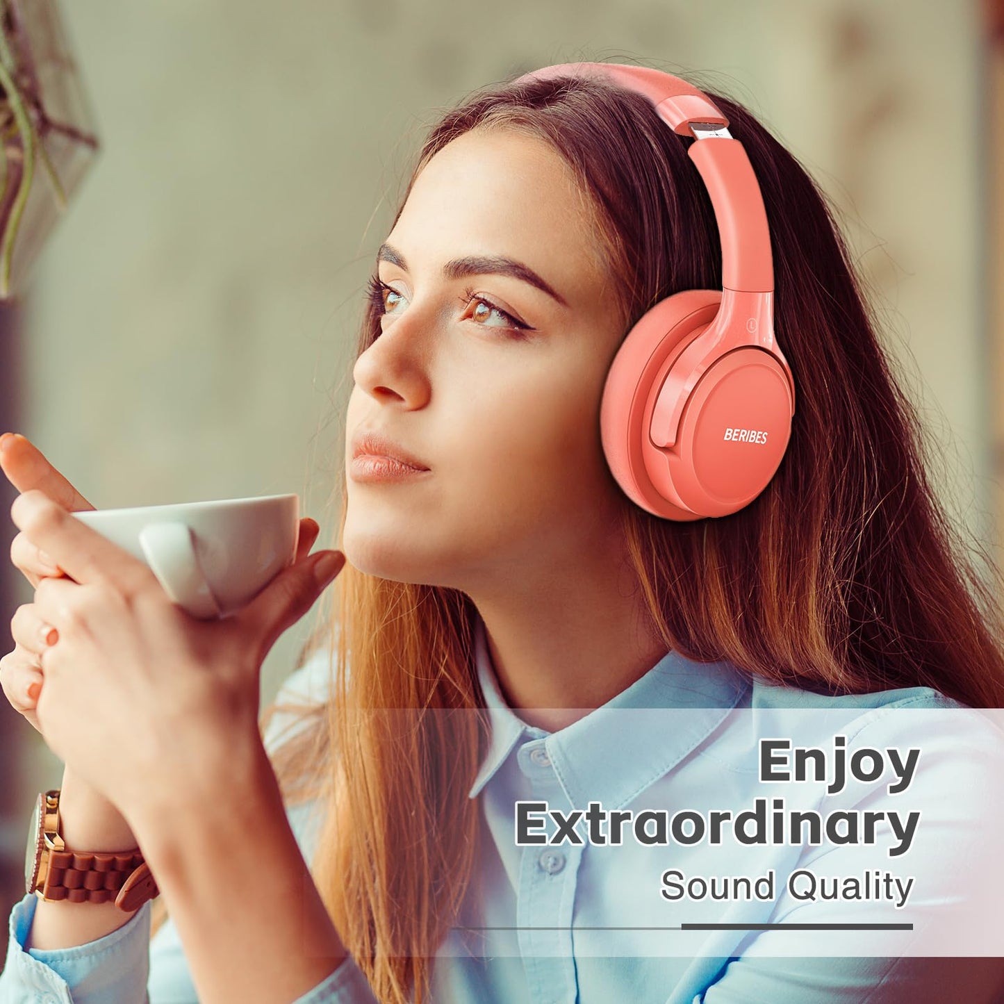 BERIBES Bluetooth Headphones Over Ear, 65H Playtime and 6 EQ Music Modes Wireless with Microphone, HiFi Stereo Foldable Lightweight Headset (Orange red)