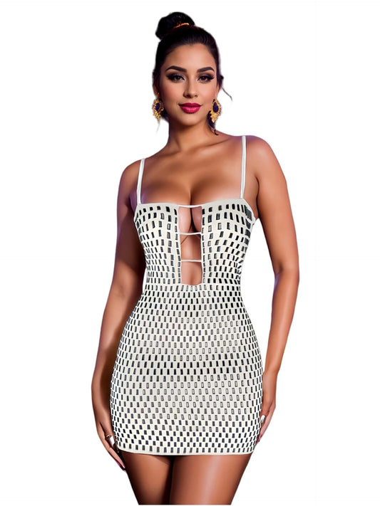 Figdaw Rhinestone Embellished Dress for Women Sexy,Birthday,Cocktail Party,Prom,Galas,Sequin Bodycon Dresses,Adjustable Straps(White,L,C7167)