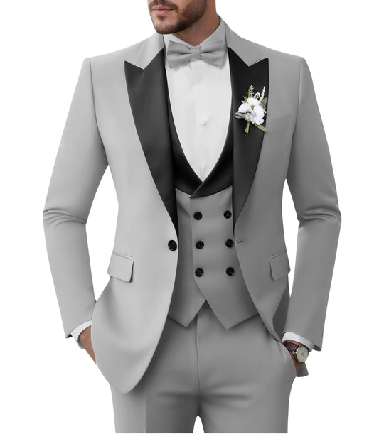 TIJOFA Tuxedo Suits Men 3 Piece Slim Fit Double Breasted Suits for Men Silver Grey Tux Elegant Wedding Prom Party Business Tuxedo L