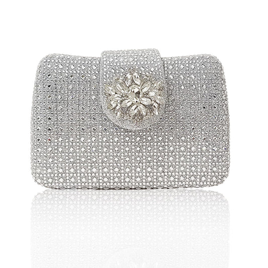 Sparkly Rhinestone Unique Evening Bag Women Floral Clutch Handbag Shoulder Bags(White Silver)