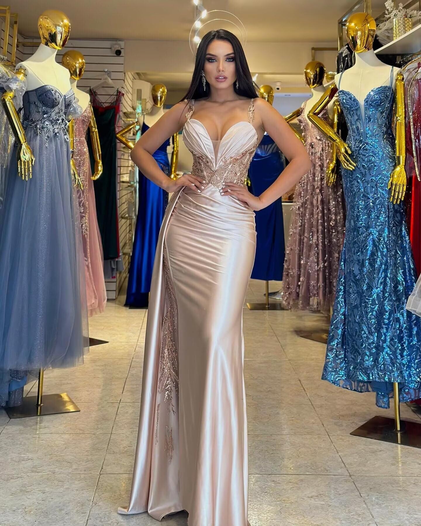 V Neck Satin Prom Dress 2026 Long Mermaid Lace Evening Gown with Slit Pleated Bodycon Formal Dress with Tail Baby Blue