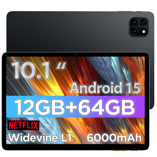 Callsky-Tab Android Tablet, 10.1 inch Android 15 Tablet, Octa-core, 2 Years Protection, RAM 12GB, ROM 64GB(Up to 2 TB), 800x1280 Resolution, WiFi 6 & Bluetooth, Dual Speakers, 5MP+8MP, 6000mAh, Black