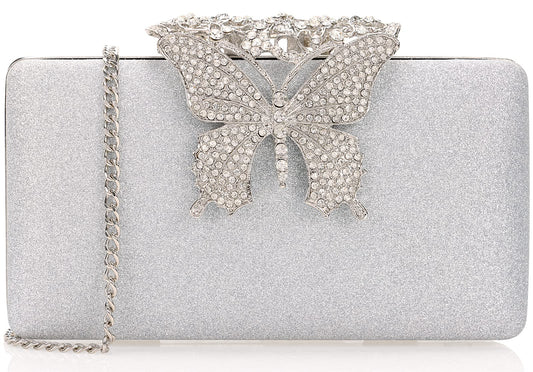 Dexmay Glitter Clutch Bag with Rhinestone Butterfly Clasp Women Evening Handbag Formal Party Purse Silver