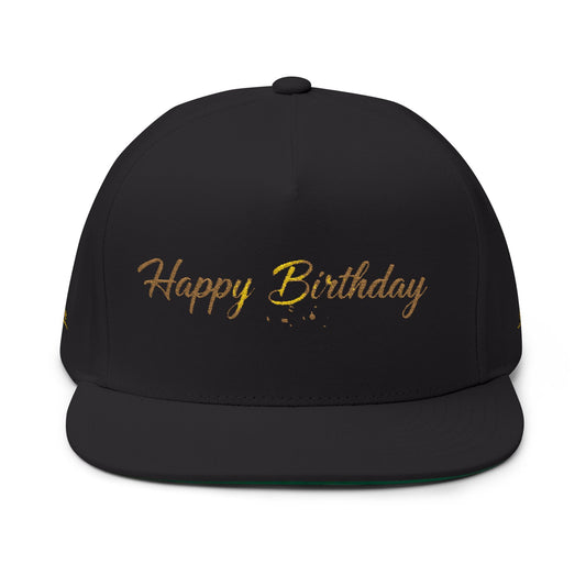 Happy Birthday Embroidered Flat Bill Cap — Gold Script Birthday Dad Hat